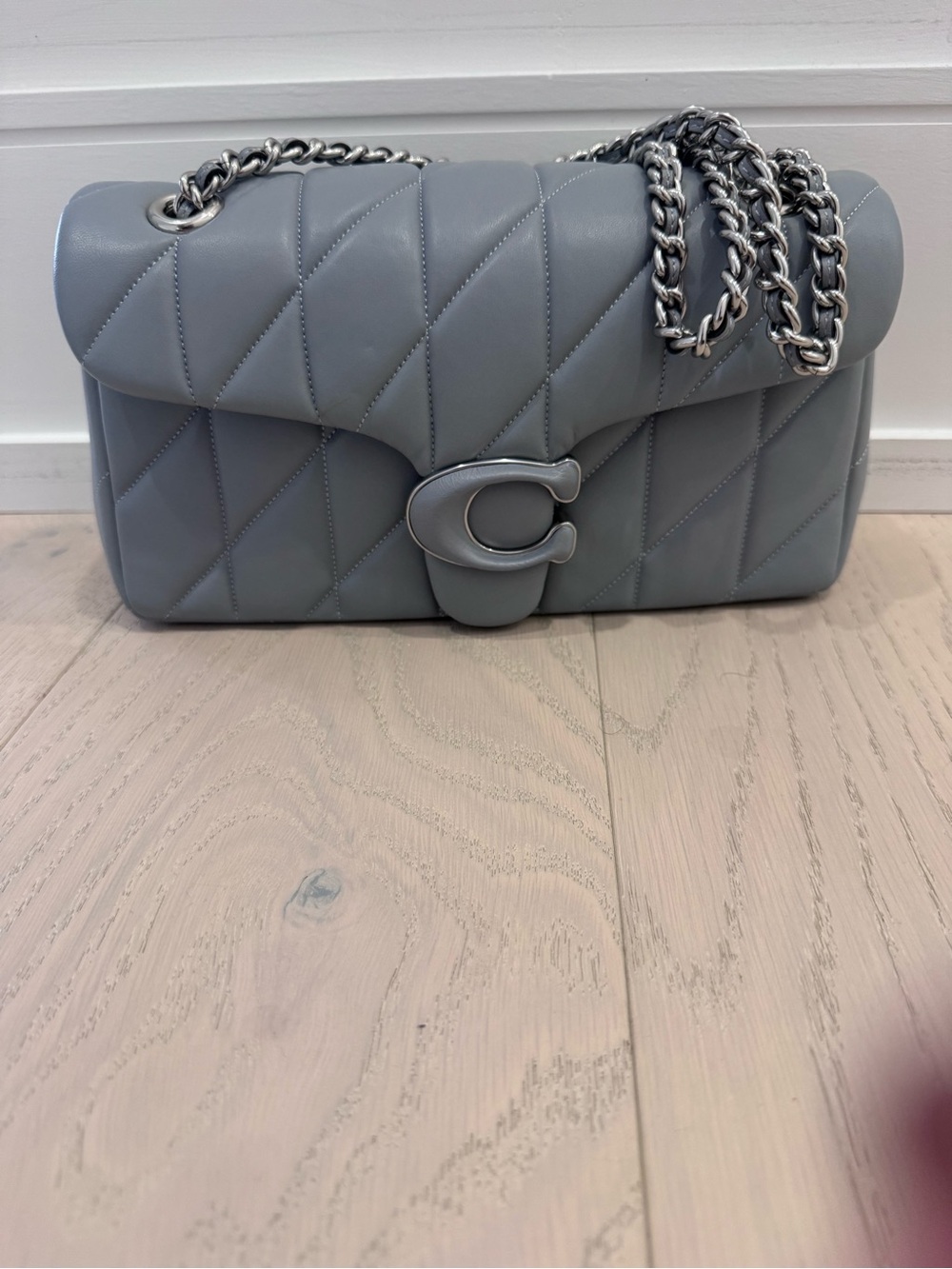 Coach Quilted Leather Shoulder Bag in Gray with Silver Chain